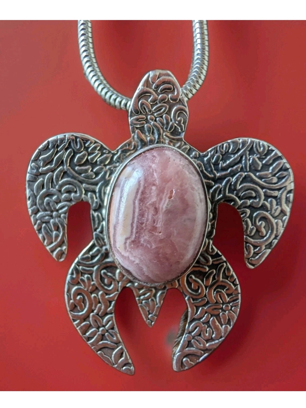Beautiful Silver Turtle Rhodochrosite Necklace with '925' 30in Sturdy Chain